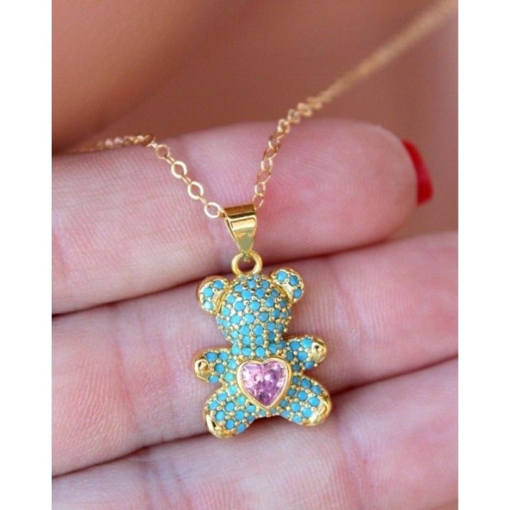 18k Yellow Gold Aqua Turquoise Diamond Cute Teddy Bear Pendant 18 Inch Necklace